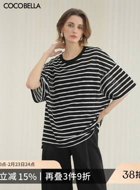 COCOBELLA慵懒风仿棉麻条纹针织衫女宽松休闲微透短袖T恤TS3039-2
