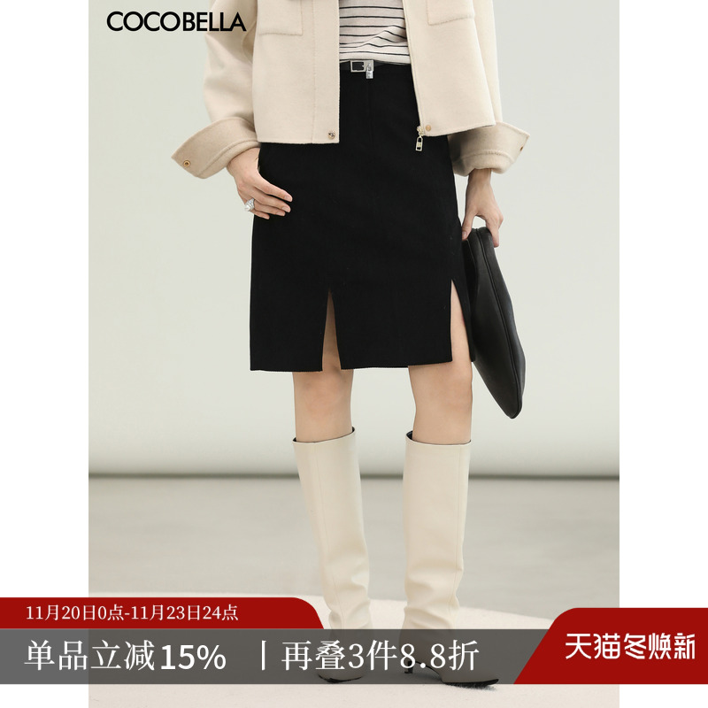 黑色灯芯绒开叉半身裙