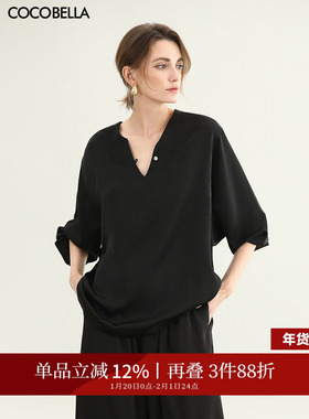 COCOBELLA奢感黑色缎面极简风衬衫女夏气质OL通勤上衣SR7066