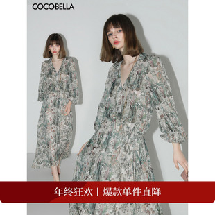 COCOBELLA重工对丝提花长袖 雪纺连衣裙女度假风束腰茶歇裙FR157