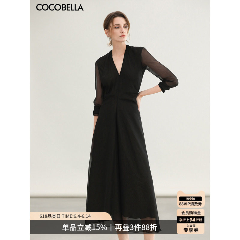 COCOBELLA赫本风假两件收腰黑金色连衣裙女内搭V领衬衫裙FR7085
