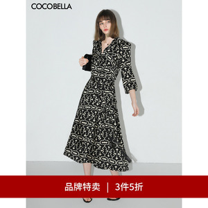 【3件5折】COCOBELLA几何印花气质衬衫裙流苏腰带缎面连衣裙FR189