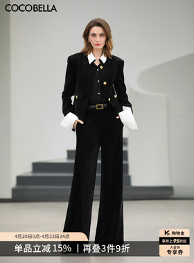 COCOBELLA设计感拼接宽松阔腿裤女OL黑色垂坠休闲裤PA3056-5