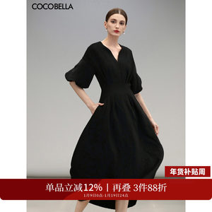COCOBELLA简约气质黑色收腰极简风连衣裙女优雅短袖长裙FR3033-2
