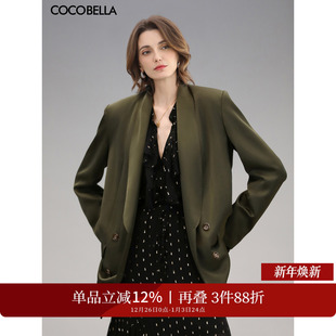 COCOBELLA重工贡针青果领丝光缎面西装 女苔藓绿通勤外套SI7019