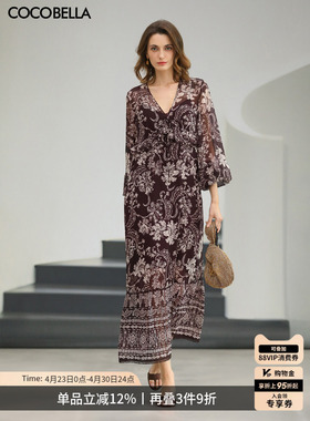 COCOBELLA度假风印花雪纺连衣裙女26春V领浪漫大摆长裙FR3210