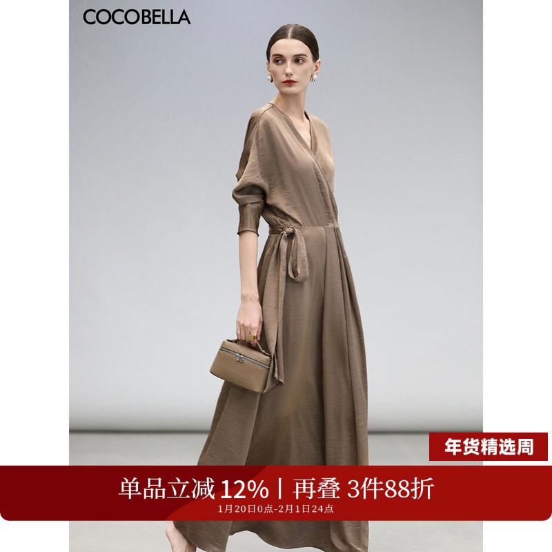 COCOBELLA围裹式丝光缎面长袖连衣裙女春轻奢风法式茶歇裙FR3010
