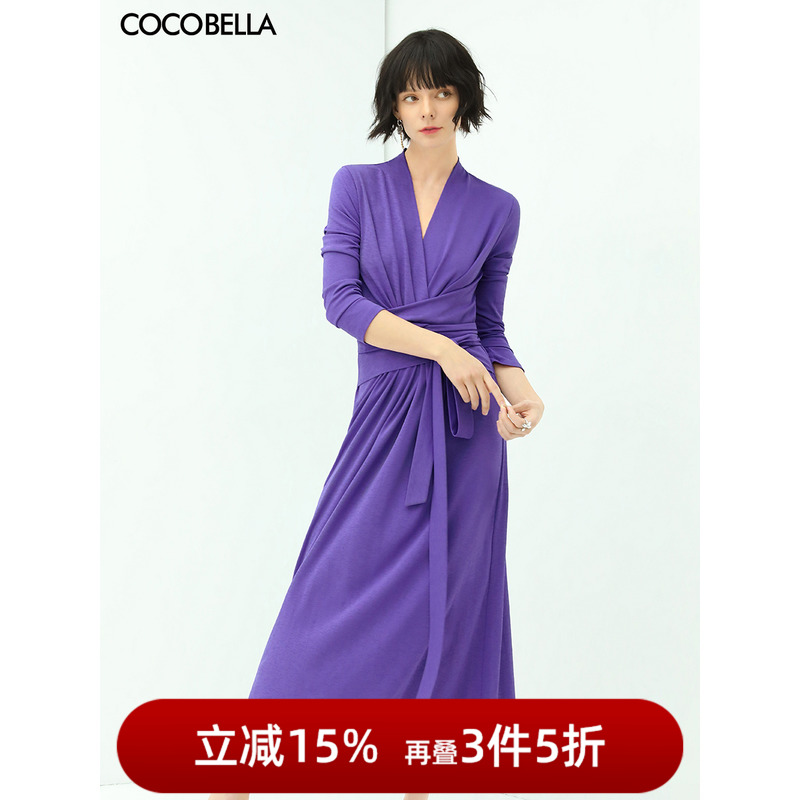 【3件5折】COCOBELLA紫色针织绑带连衣裙女气质V领裹身长裙FR128 女装/女士精品 连衣裙 原图主图