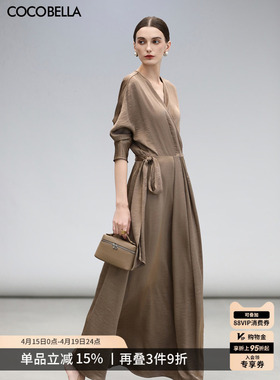 COCOBELLA围裹式丝光缎面长袖连衣裙女春轻奢风法式茶歇裙FR3010