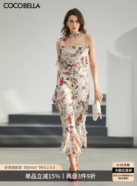 COCOBELLA女人味荡领印花连衣裙26春雪纺丝巾长裙套装FR0085