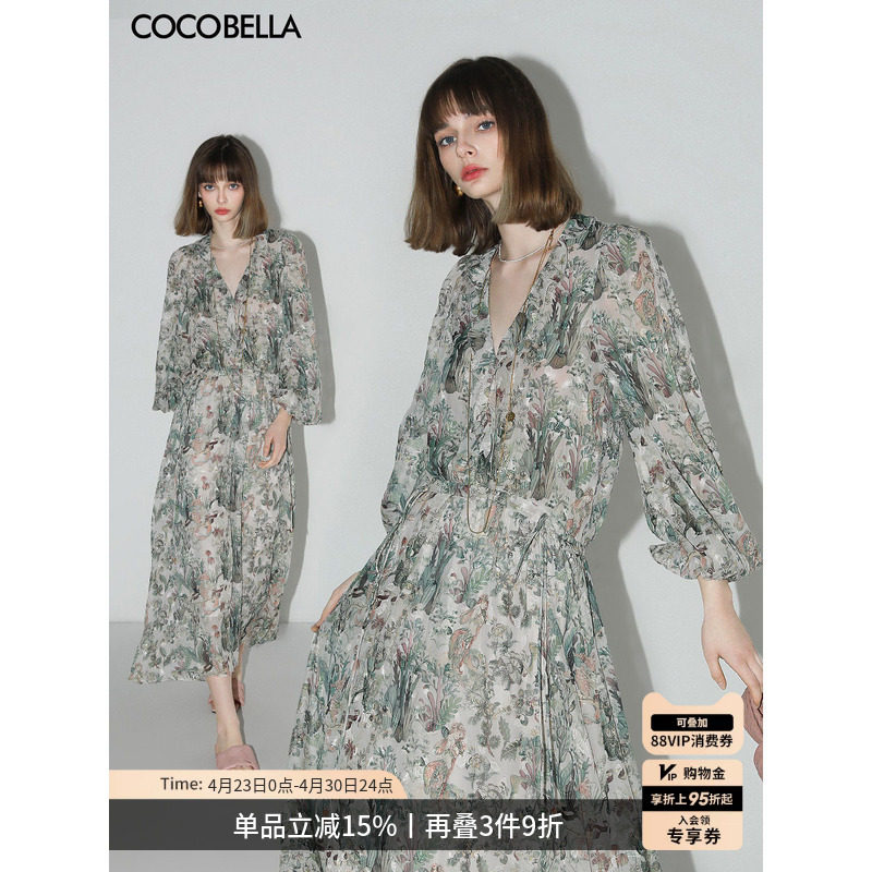 COCOBELLA重工对丝提花长袖雪纺连衣裙女度假风束腰茶歇裙F