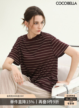 COCOBELLA[安可拉红]撞色条纹短袖T恤女侧开叉圆领半袖TS3199