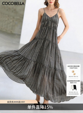 COCOBELLA26夏新品吊带连衣裙女V领大摆格子度假风长裙FR3208