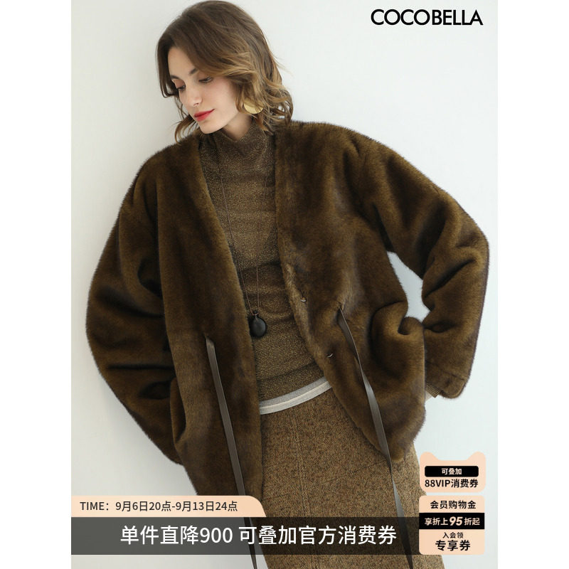 COCOBELLAPU腰带环保皮草外套图片