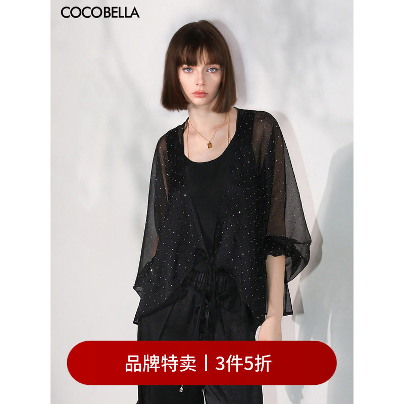 【3件5折】COCOBELLA璀璨星河烫钻微透视女蝙蝠袖雪纺衫SN7001-2