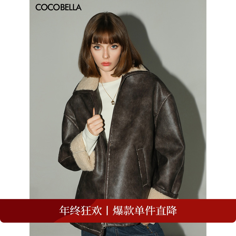 COCOBELLA[miu系穿搭]手工擦色PU环保皮衣女冬保暖棉服外套PU3007