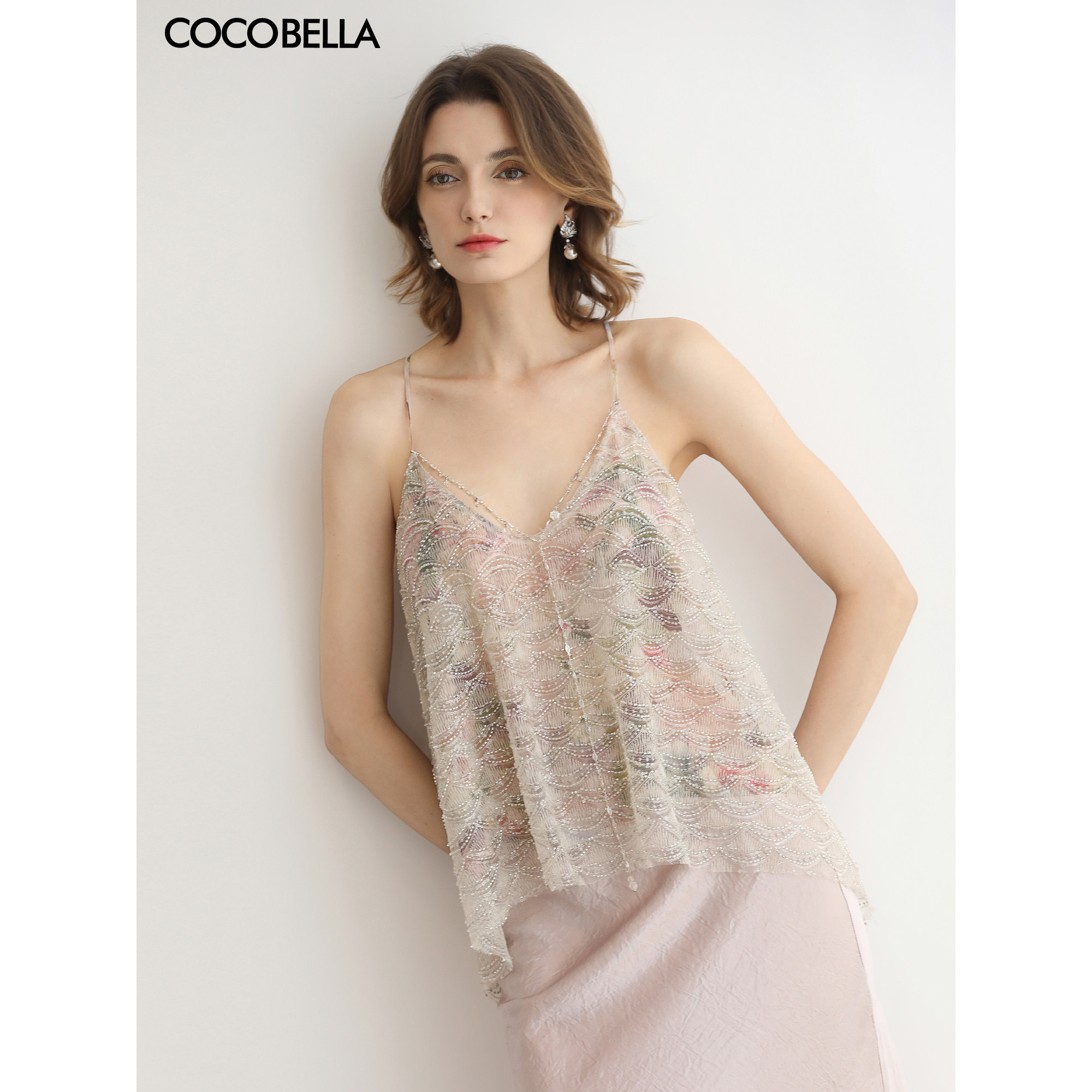 COCOBELLA奢感小香风水晶串珠吊带手工亮片女背心战袍VT3027-2
