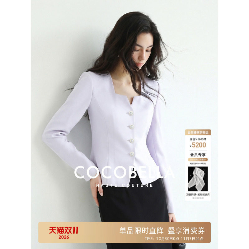 COCOBELLA【美国naia重磅醋酸】精致桃心V领收腰西装女短上衣