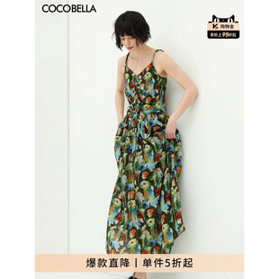 COCOBELLA油画风印花抽褶吊带裙女飘逸气质连衣裙沙滩长裙FR565