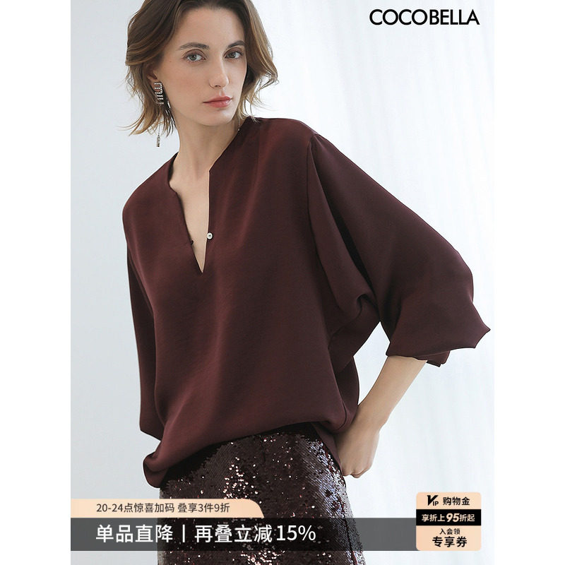 COCOBELLA法式优雅缎面长袖衬衫极简酒红通勤上衣衬衣女SR7066-4