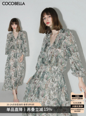 COCOBELLA重工对丝提花长袖雪纺连衣裙女度假风束腰茶歇裙FR157