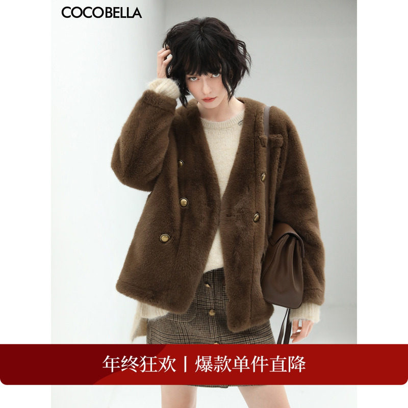 COCOBELLA丰盈毛感环保皮草外套女冬双排扣保暖无领短大衣WL56-3,女装/女士精品,皮草,淘宝优惠券,粉丝福利购,淘宝优惠卷