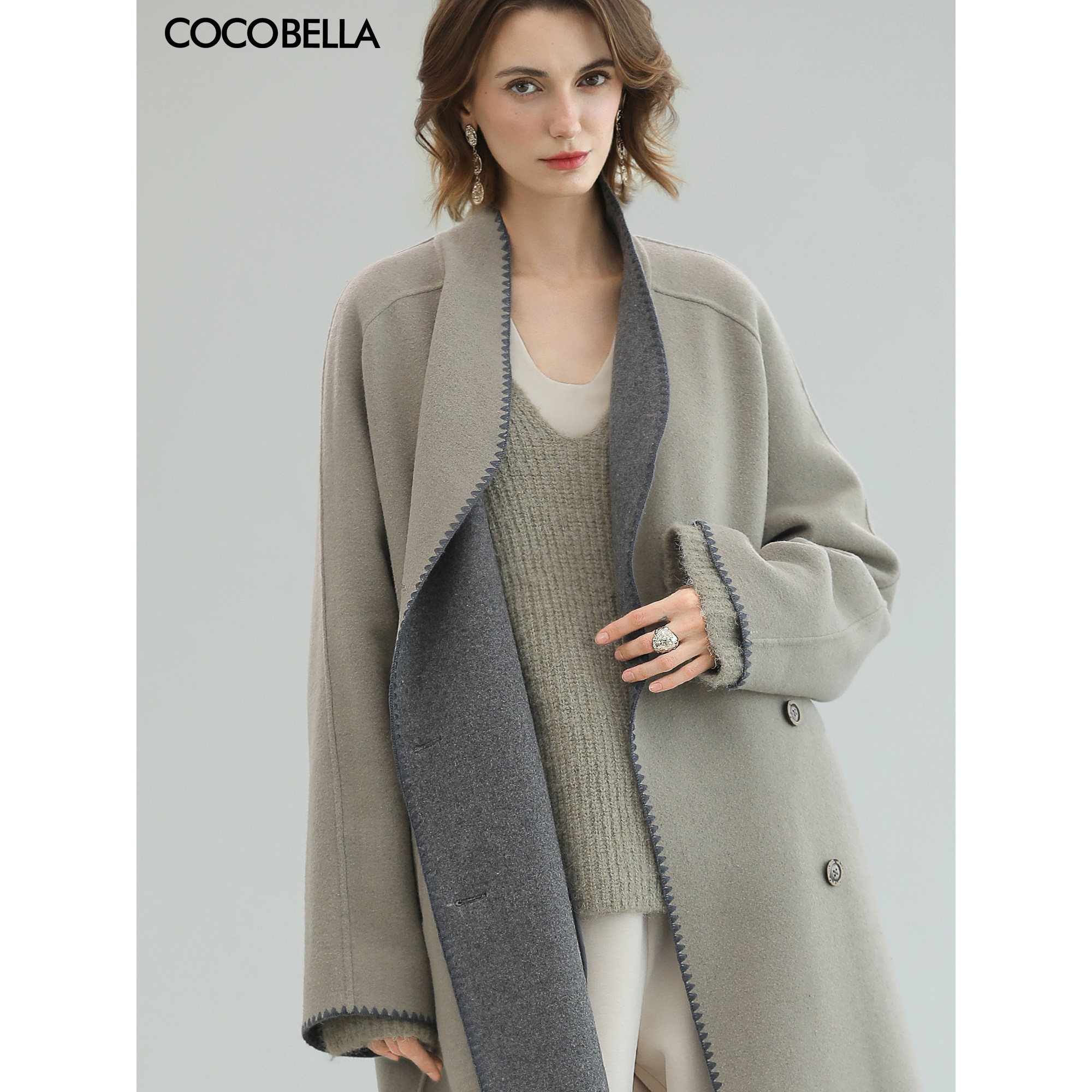 COCOBELLA[双面穿]高智感长款羊毛大衣女贝壳绣毛呢外套WL7062-3