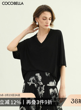 COCOBELLA慵懒风微透视V领黑色短袖T恤女蝙蝠袖针织衫TS7081-2