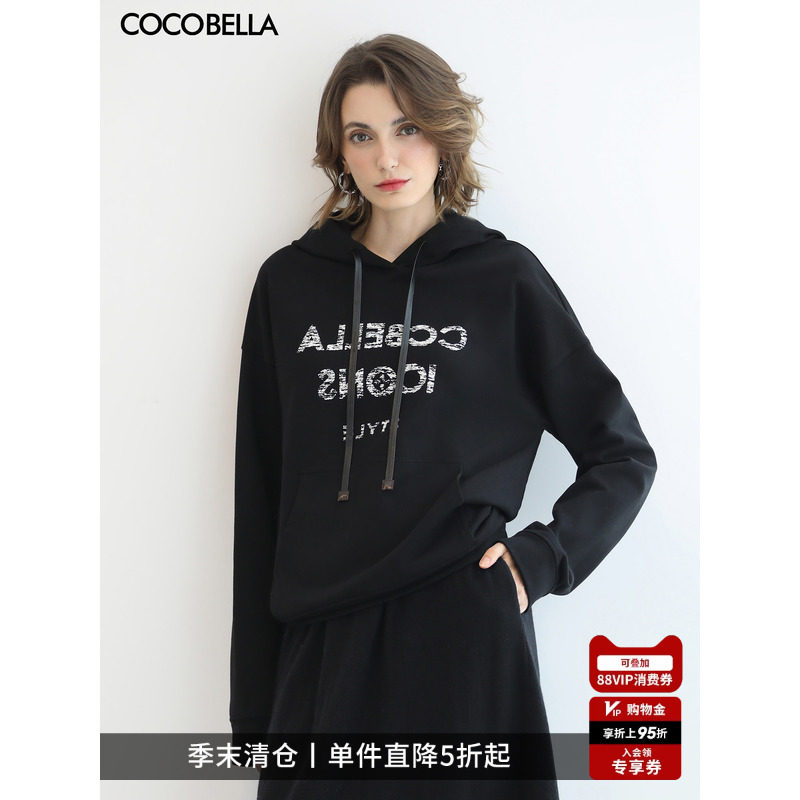 【折扣季】COCOBELLA黑色字母印花通勤连帽衫女休闲套头卫衣SE619