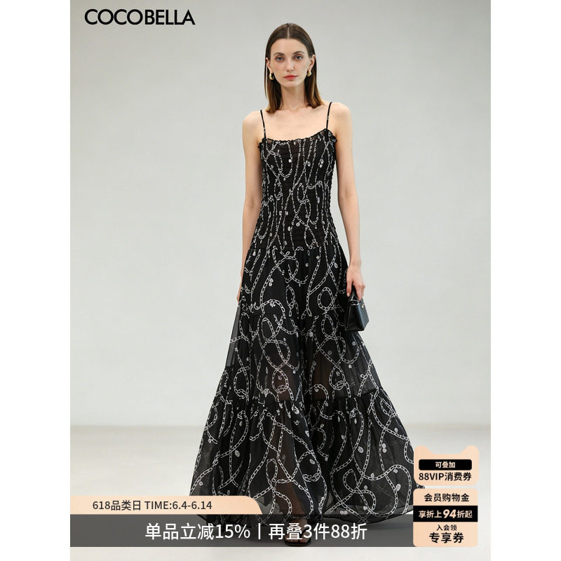 COCOBELLA复古印花雪纺吊带连衣裙女26夏遮肉大摆长裙FR3213A
