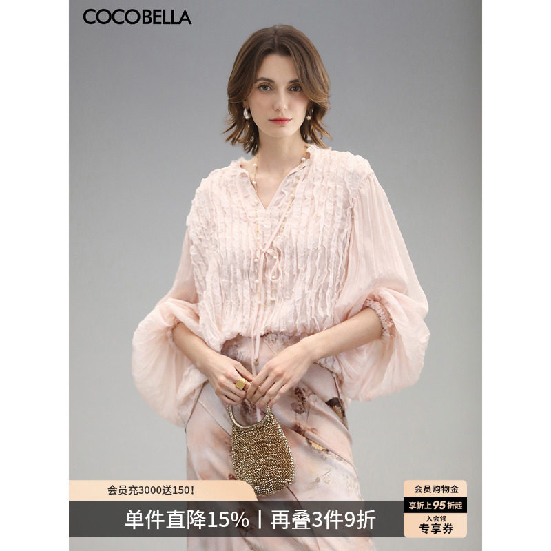 COCOBELLA名媛风木耳边压褶飘带衬衫女优雅立领雪纺衫SR3006