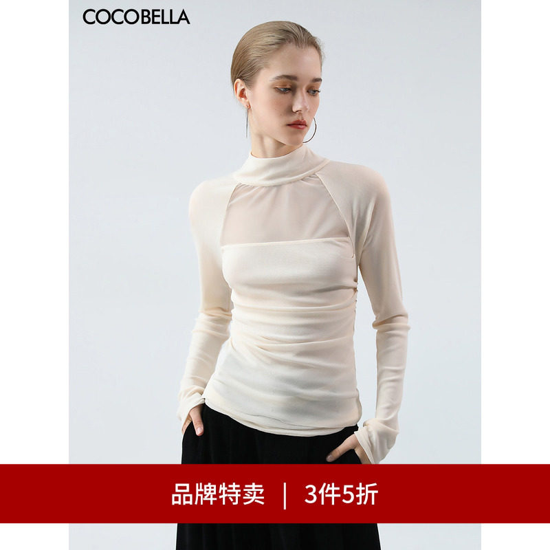 【3件5折】COCOBELLA网纱拼接透视打底衫半高领气质长袖T恤TS3028