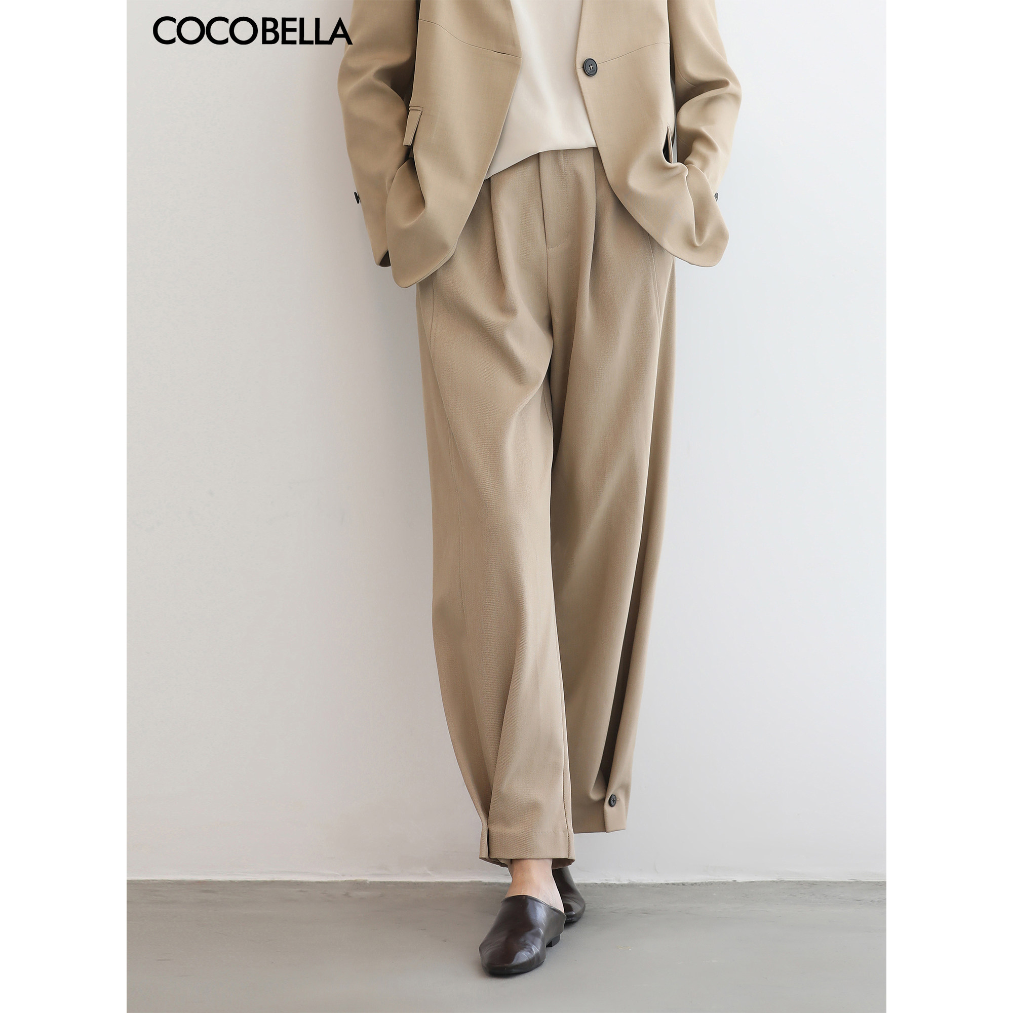 COCOBELLA设计师款一粒扣叠褶哈伦裤女通勤宽松休闲长裤PA