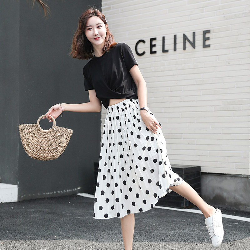 半身裙女夏2020新款a字百褶裙中长款黑白波点显瘦小个子高腰裙子