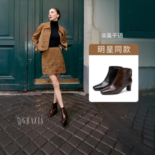 吴千语同款百田森羽绒高跟短靴鞋女2025巨好看靴子女款牛皮靴黑色