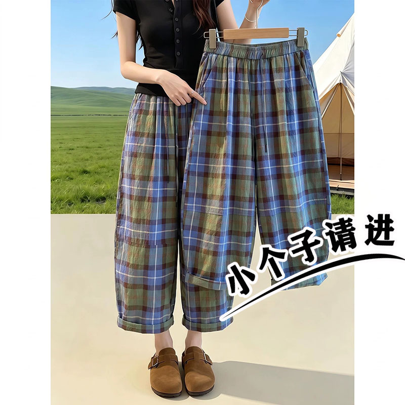 韩系绿色格纹弯刀气球裤女夏季八分九分小个子薄款垂感显瘦气球裤图片