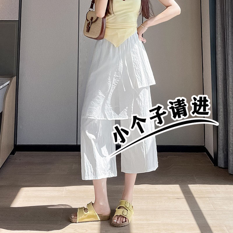 小个子七分网纱假两件拼接屁帘休闲裤女夏薄款高腰显瘦直筒阔腿裤