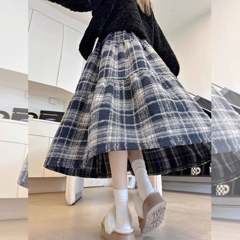 小个子145xxs毛呢格子中长伞裙女秋冬新款百搭学生复古a字半身裙