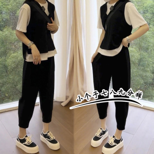 xxs 女春秋高腰宽松弹力八九分哈伦萝卜裤 小个子145黑色西装 休闲裤