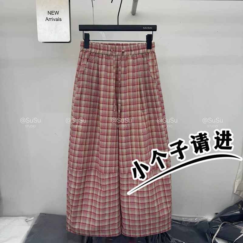 复古粉色格子弯刀气球裤女夏季薄款减龄显瘦宽松小个子九分休闲裤