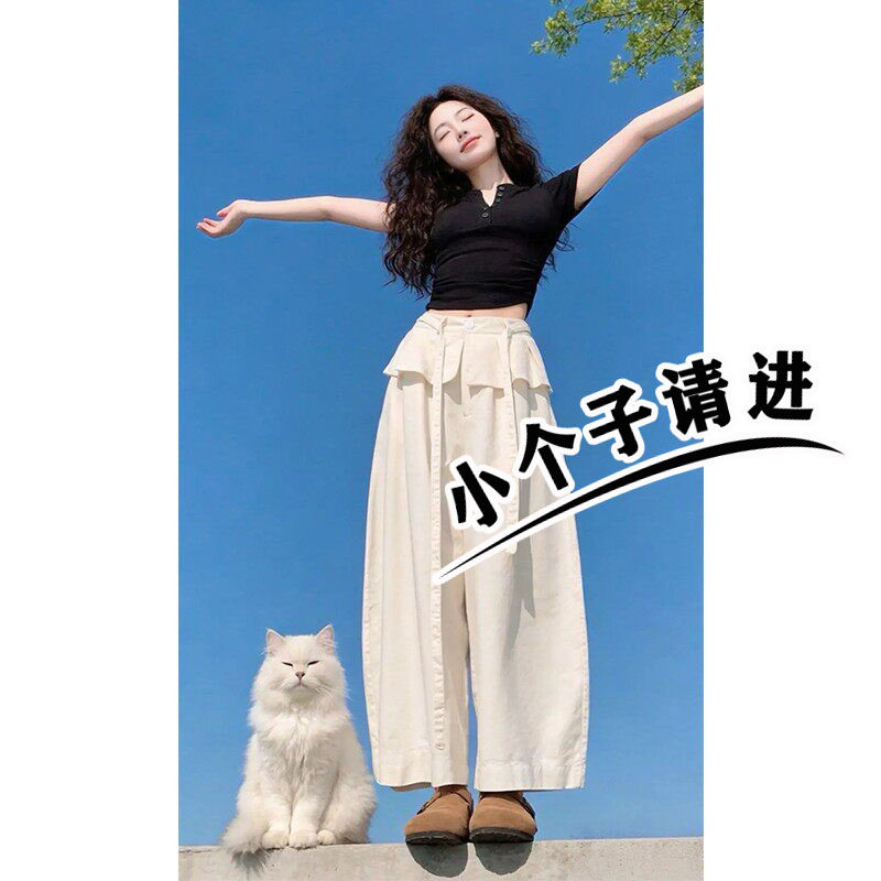 荷叶花边屁帘阔腿休闲裤女夏薄款设计感高腰垂感显瘦小个子九分裤