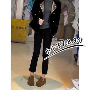 145七分紧身牛仔裤女秋冬加绒烟管裤百搭显瘦九分小个子黑色靴裤s