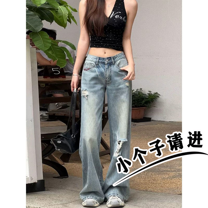 复古浅蓝低腰破洞九分牛仔裤女夏季款宽松显瘦小个子直筒阔腿长裤图片