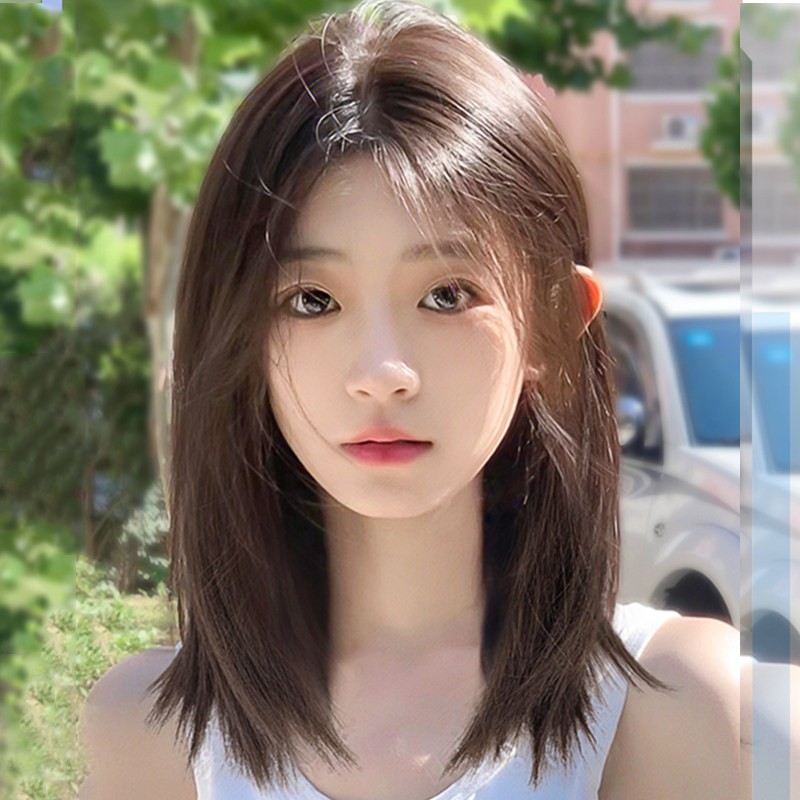 假发女长发假头发自然蕾丝手织八字刘海中分直发锁骨短发全头整顶