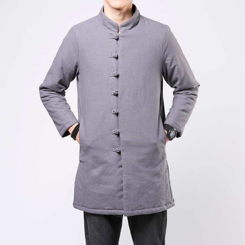 CHINESE STYLE PADDED JACKET MENS MID-LENGTH WINTER COTTON AND LINEN RETRO HOODED THICK PADDED JACKET CHINESE STYLE BUCKLE TANG SUIT PADDED JACKET