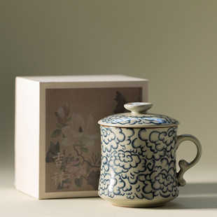 JASMIN.仿古汝窑祥云月牙水杯马克杯带盖陶瓷茶杯茶水分离泡茶杯