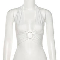 European and American 2021 summer metal ring hollowed-out V-neck halter top, backless solid color hot girl sexy low-cut vest for women thumbnail 5