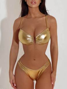 速卖通外贸分体泳衣金色比基尼沙滩泳池度假泳装 性感bikini 新款