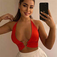 European and American 2021 summer metal ring hollowed-out V-neck halter top, backless solid color hot girl sexy low-cut vest for women thumbnail 2