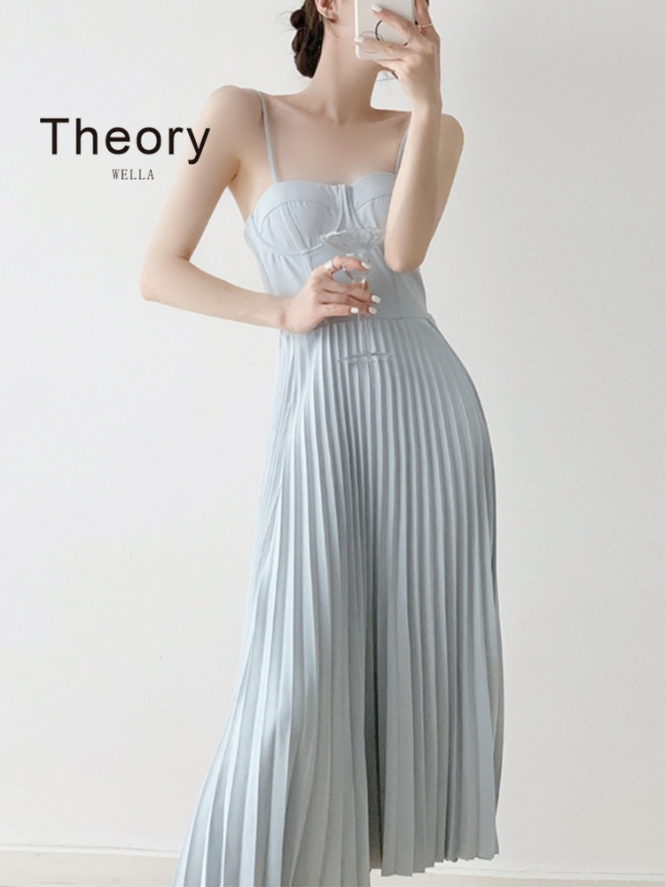 theory wella 夏新款高腰显瘦鱼骨雾霾蓝修身无袖百褶吊带连衣裙